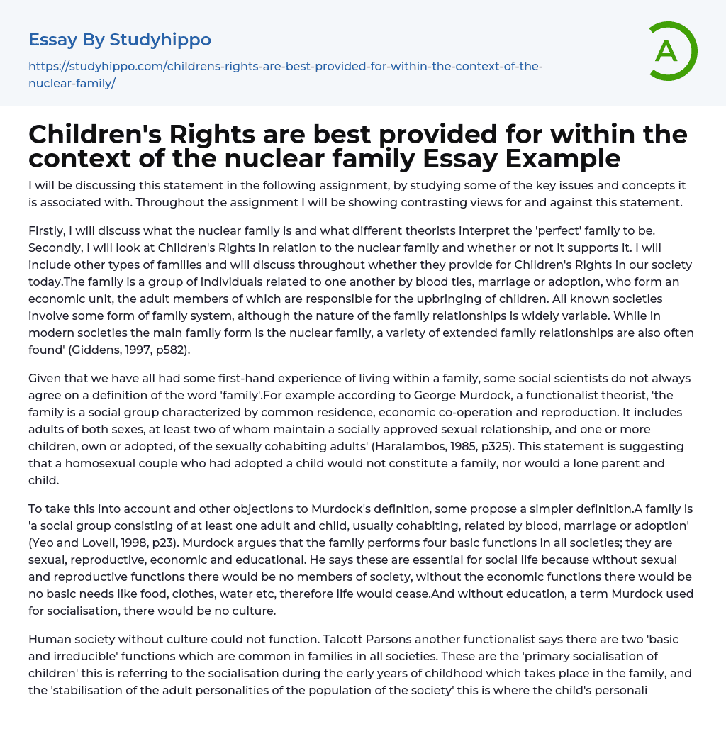 Children’s Rights are best provided for within the context of the nuclear family Essay Example