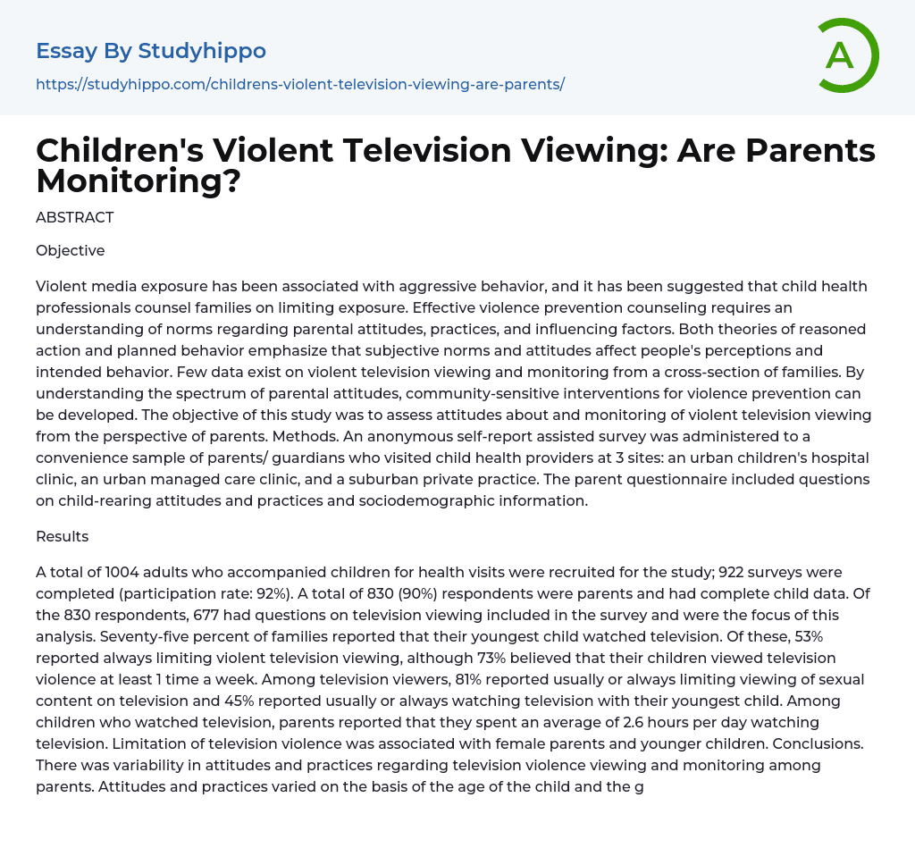 Children’s Violent Television Viewing: Are Parents Monitoring? Essay Example