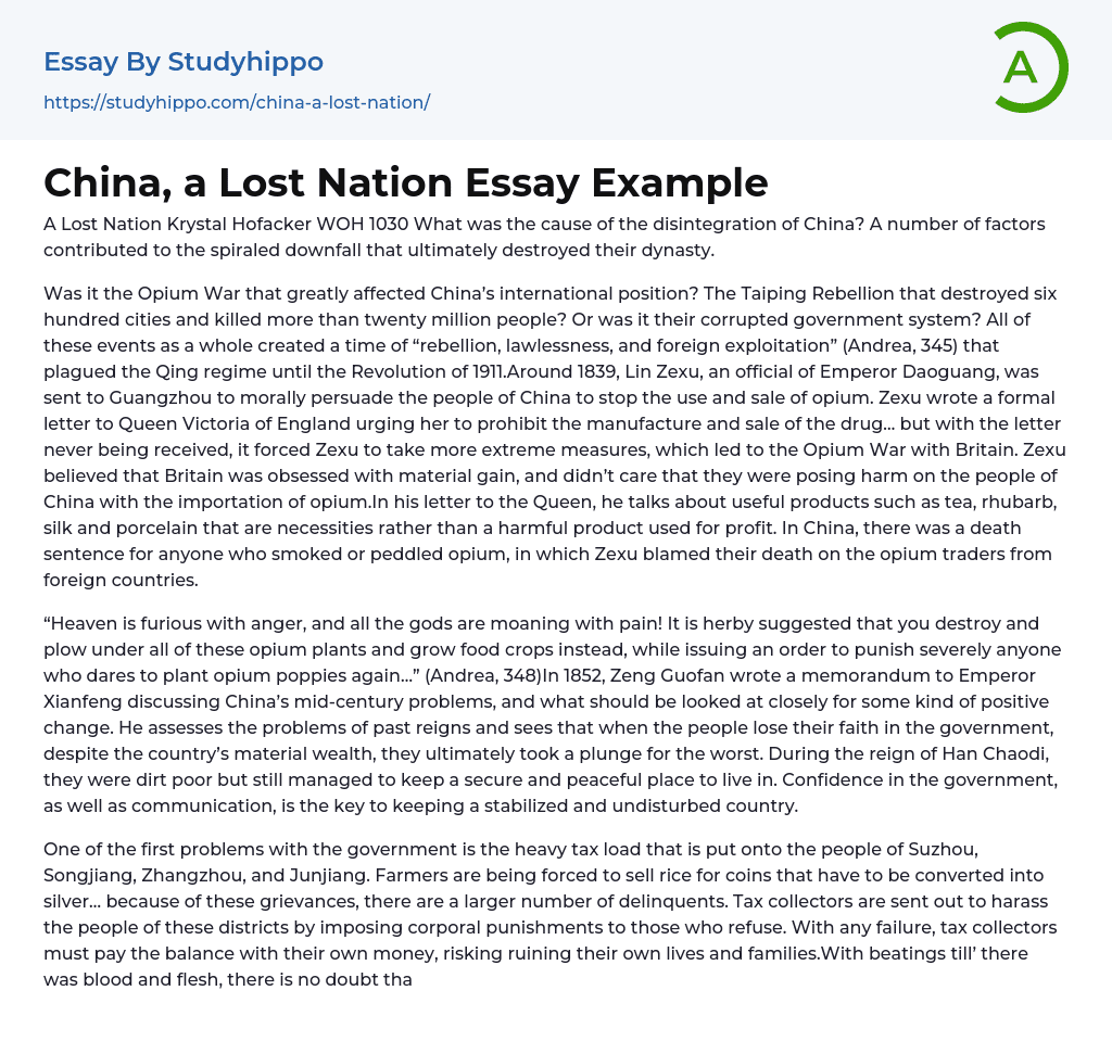Lost Nation: What Was the Cause of the Disintegration of China? Essay Example