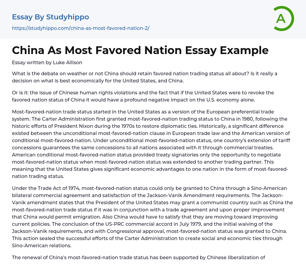 China As Most Favored Nation Essay Example