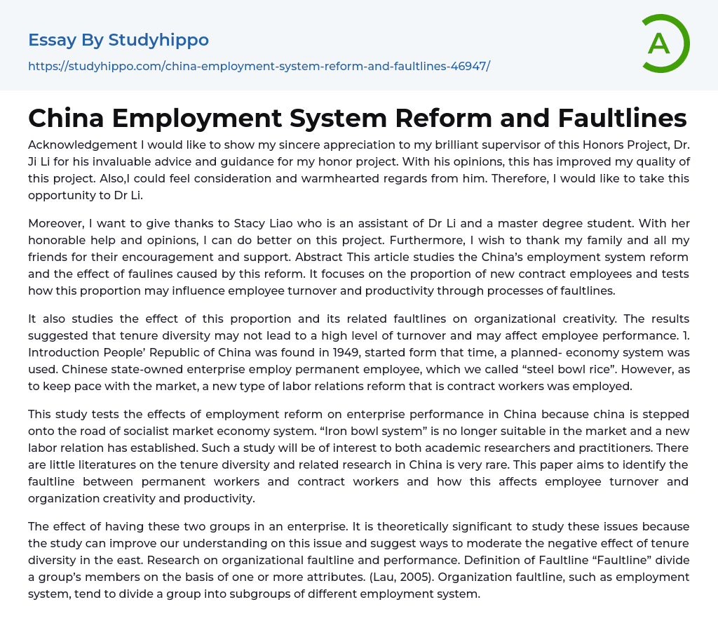 China Employment System Reform and Faultlines Essay Example