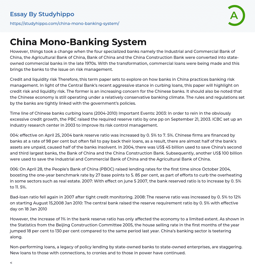 China Mono-Banking System Essay Example