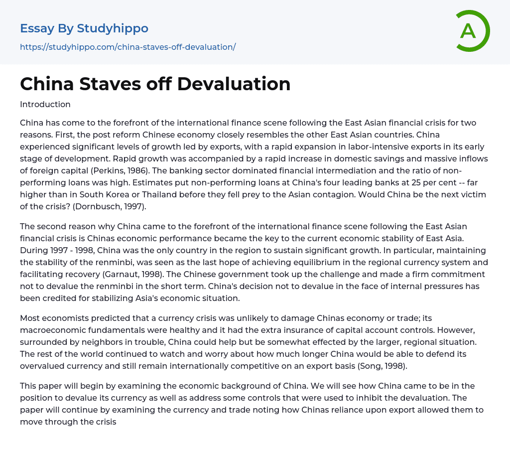 China Staves off Devaluation Essay Example
