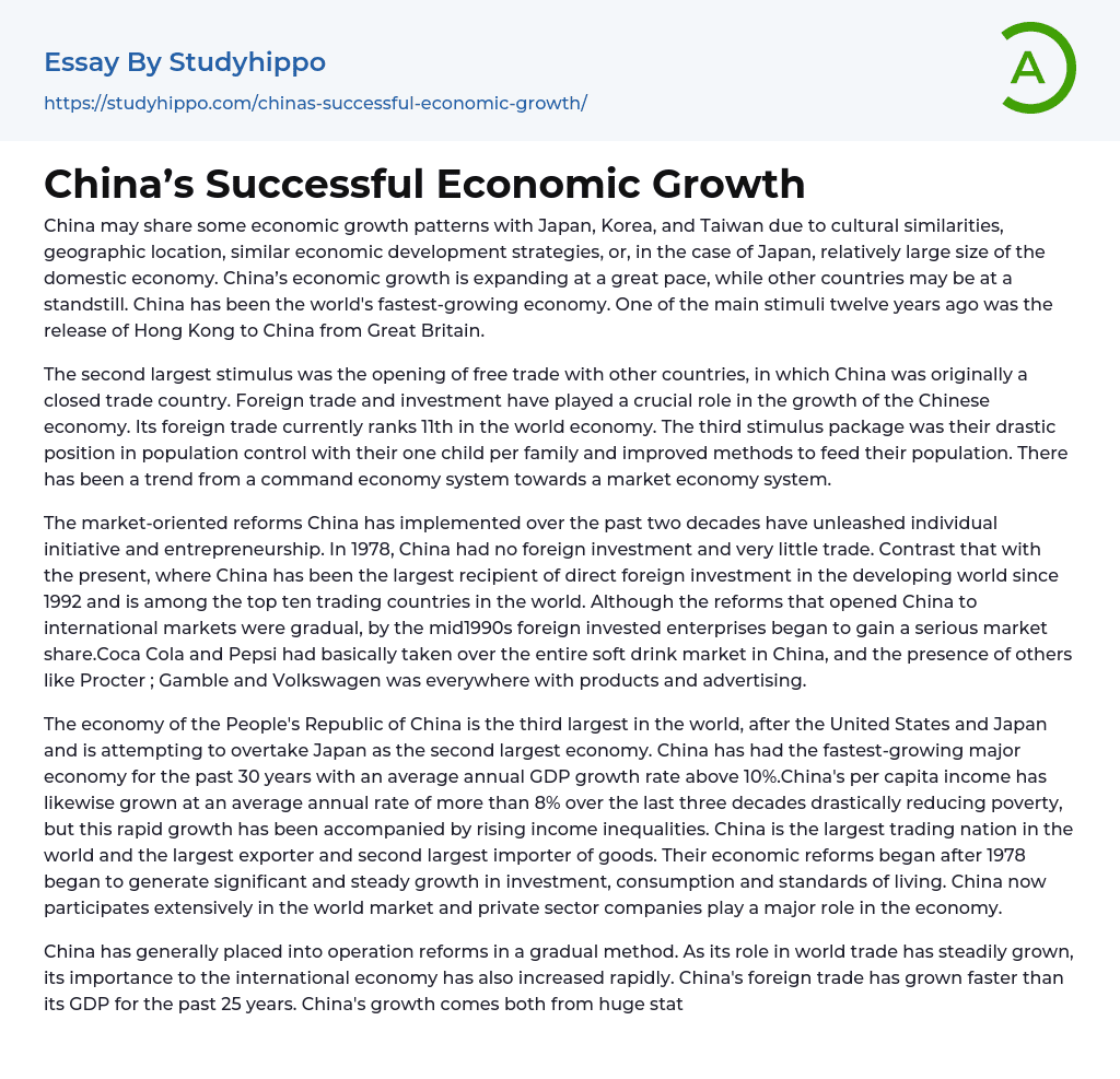 China’s Successful Economic Growth Essay Example