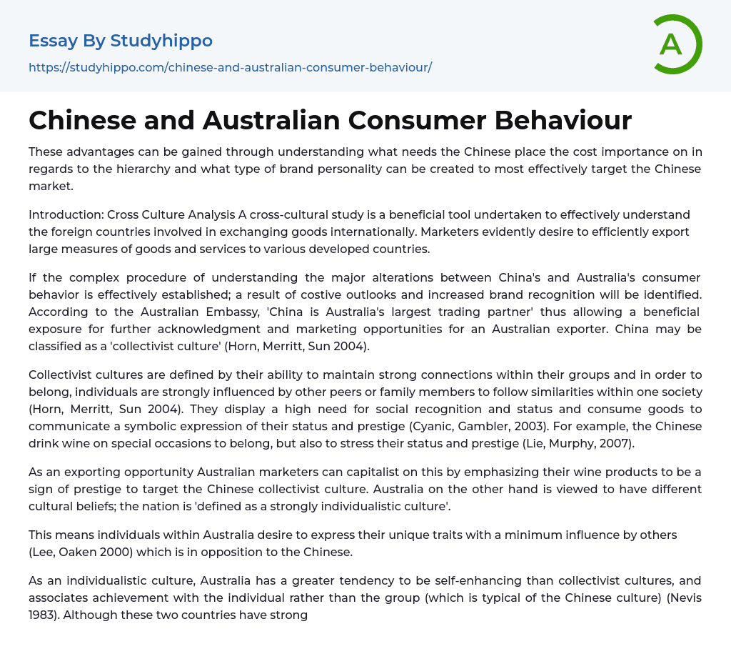 Chinese and Australian Consumer Behaviour Essay Example