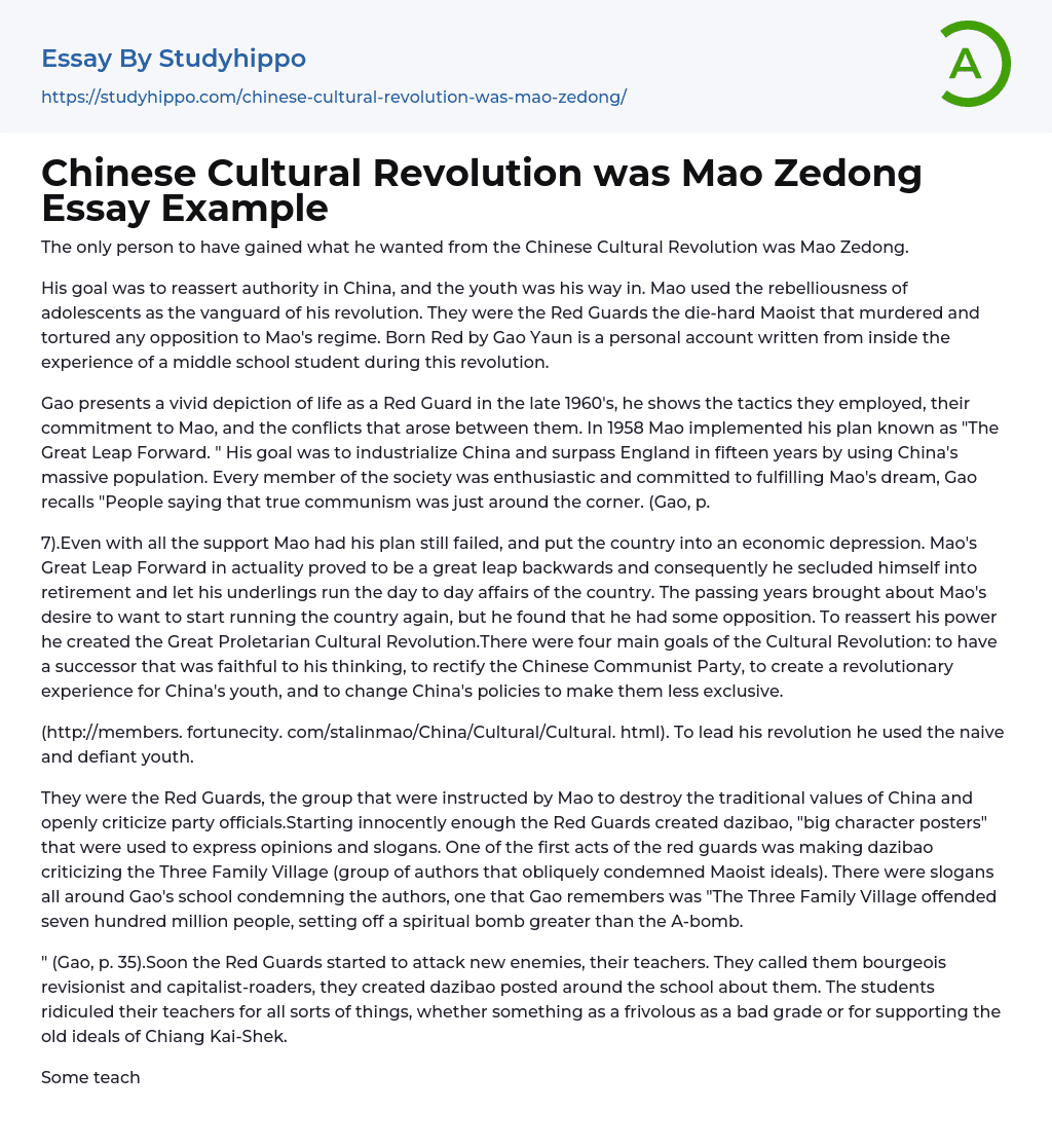 Chinese Cultural Revolution was Mao Zedong Essay Example