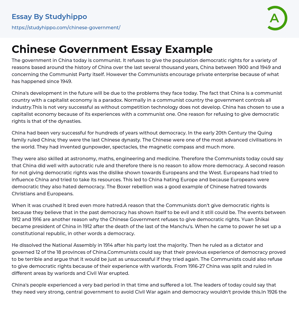 Chinese Government Essay Example