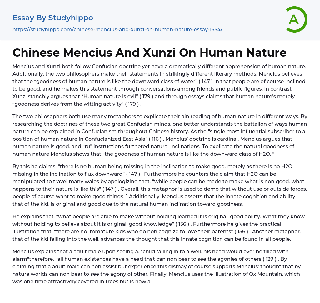 Chinese Mencius And Xunzi On Human Nature Essay Example