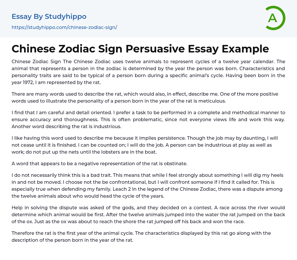 Chinese Zodiac Sign Persuasive Essay Example