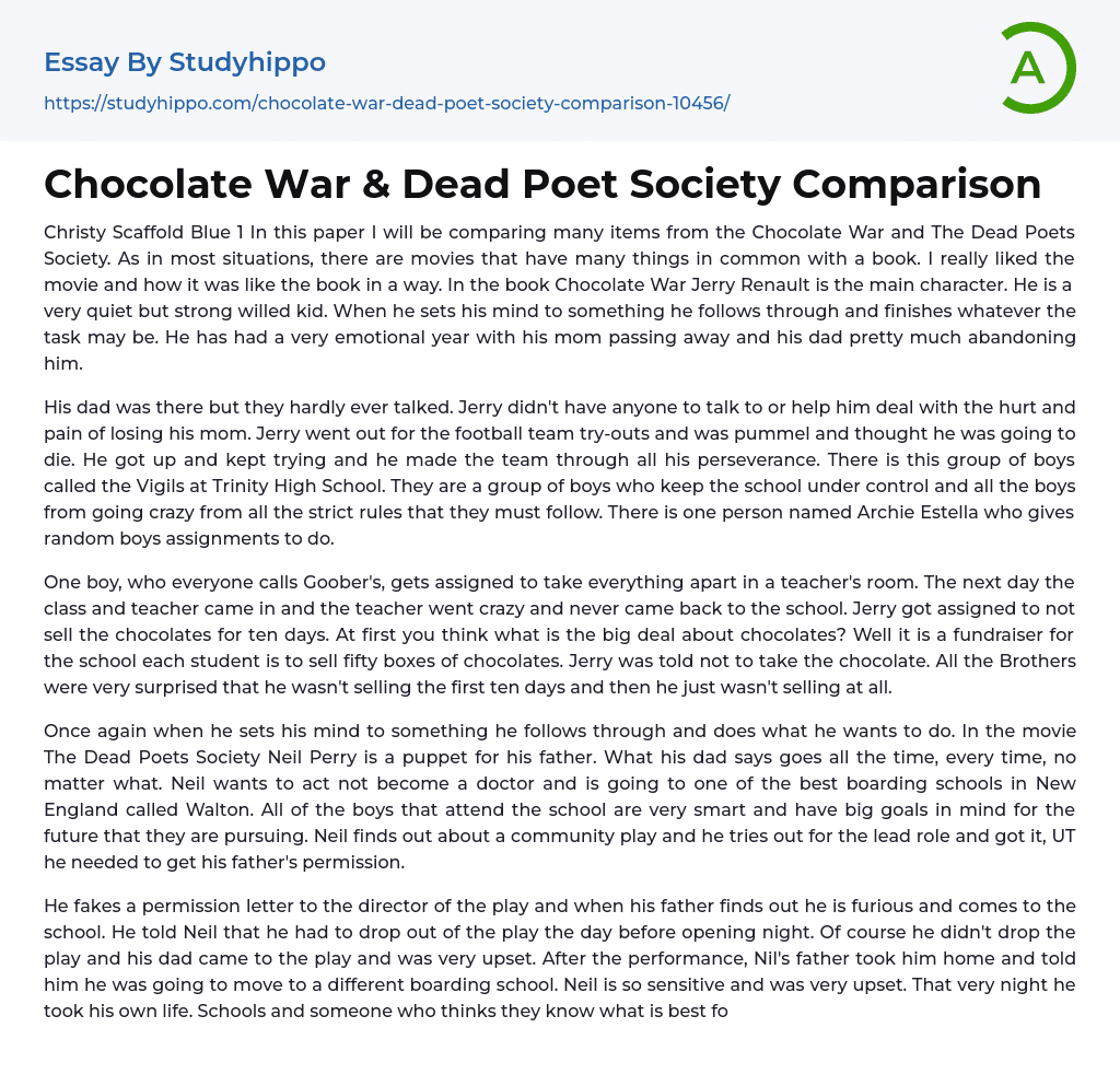 Chocolate War & Dead Poet Society Comparison Essay Example