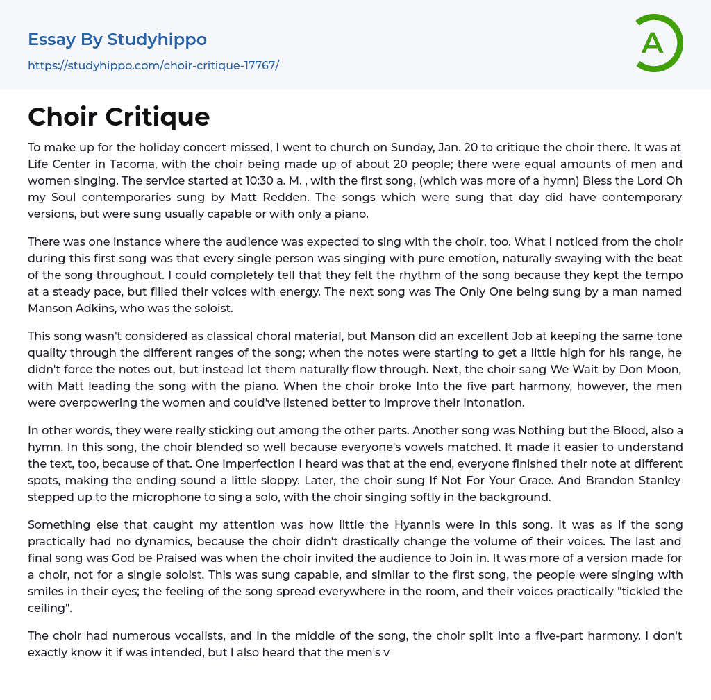 Choir Critique Essay Example