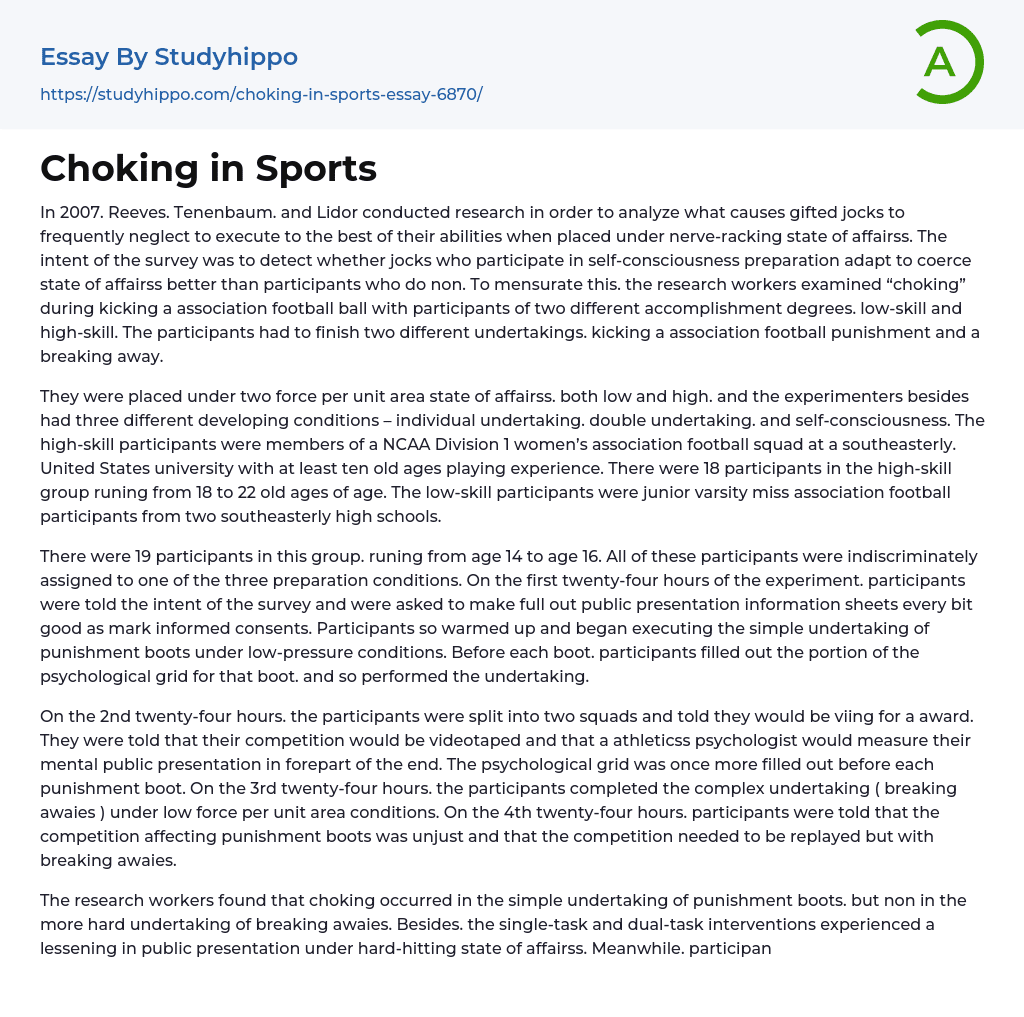 Choking in Sports Essay Example