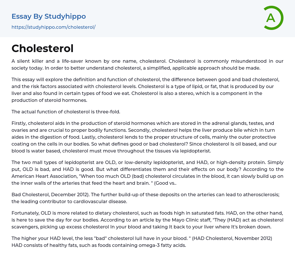 Cholesterol Essay Example