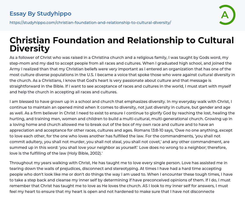 Christian Foundation and Relationship to Cultural Diversity Essay Example