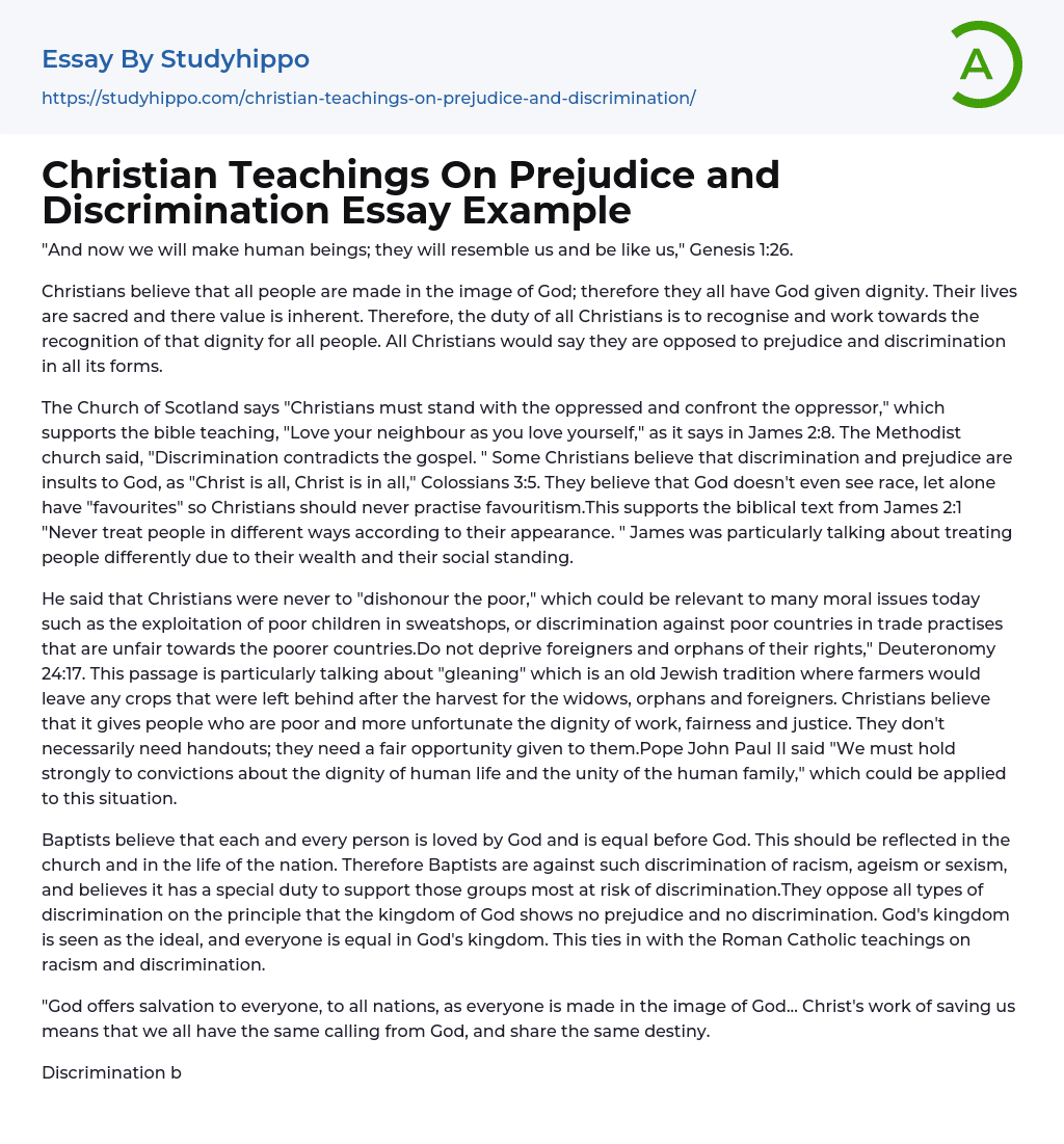Christian Teachings On Prejudice and Discrimination Essay Example