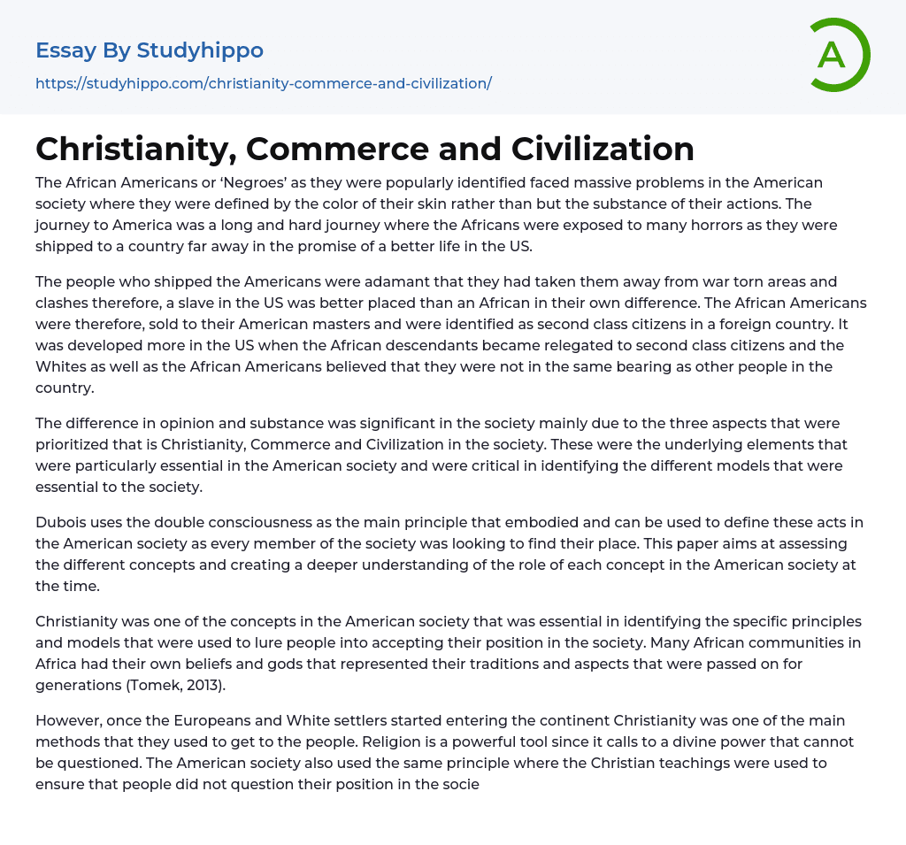 Christianity, Commerce and Civilization Essay Example