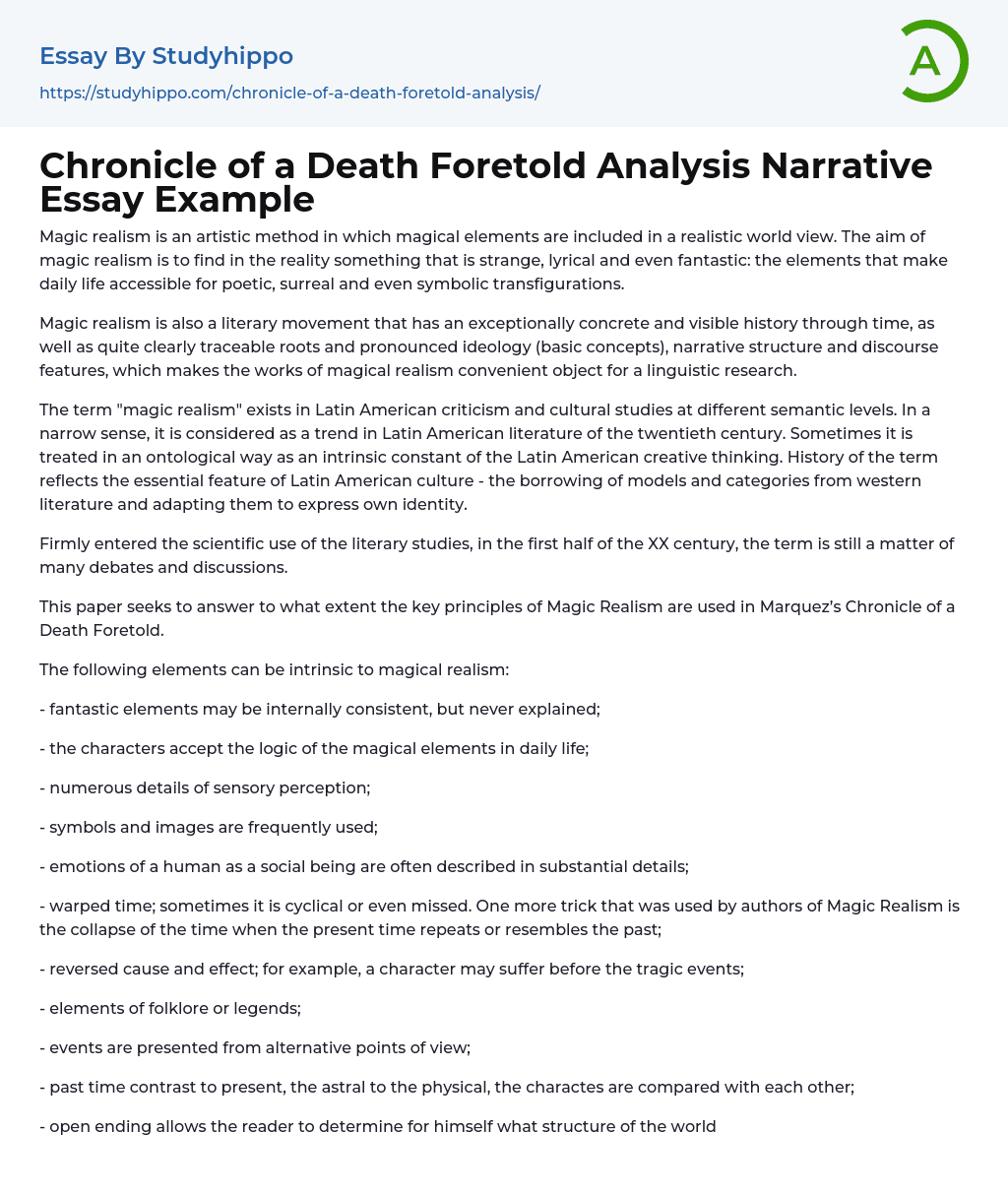 Chronicle of a Death Foretold Analysis Narrative Essay Example