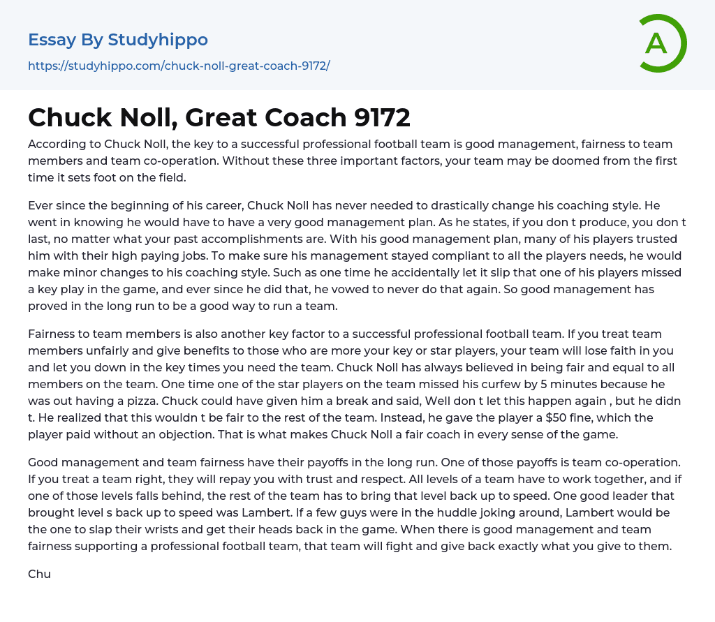 Chuck Noll, Great Coach 9172 Essay Example