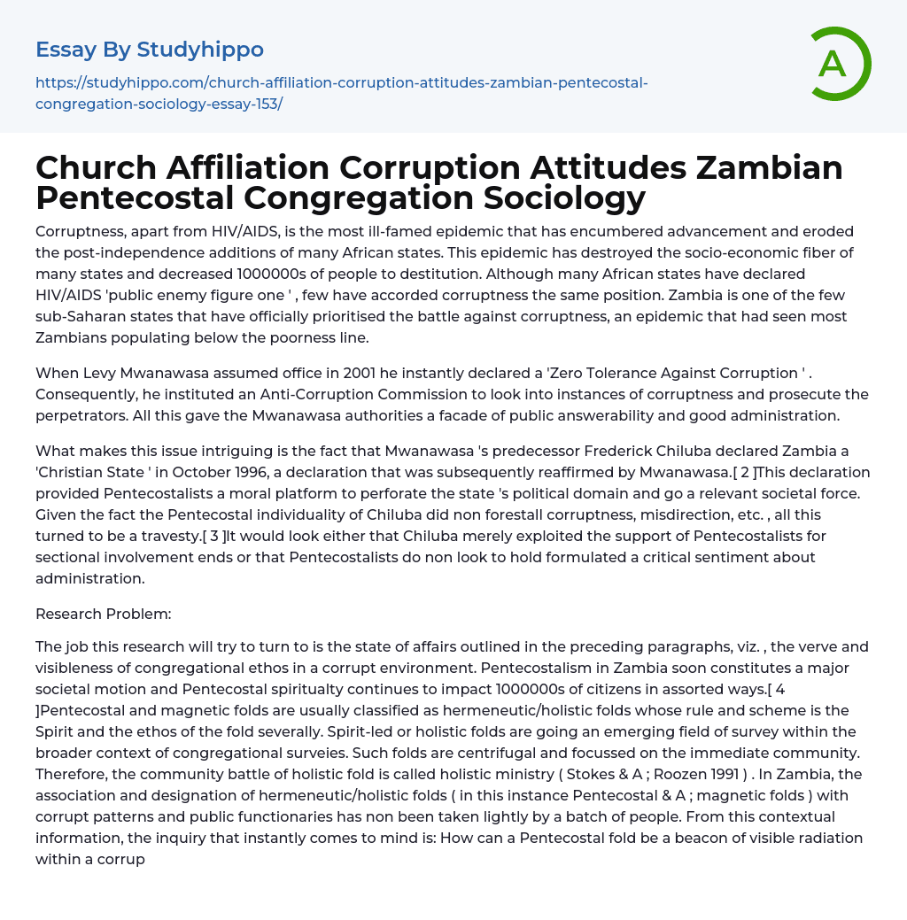 Church Affiliation Corruption Attitudes Zambian Pentecostal Congregation Sociology Essay Example