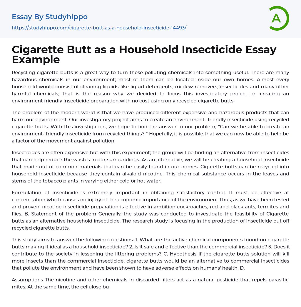 Cigarette Butt as a Household Insecticide Essay Example