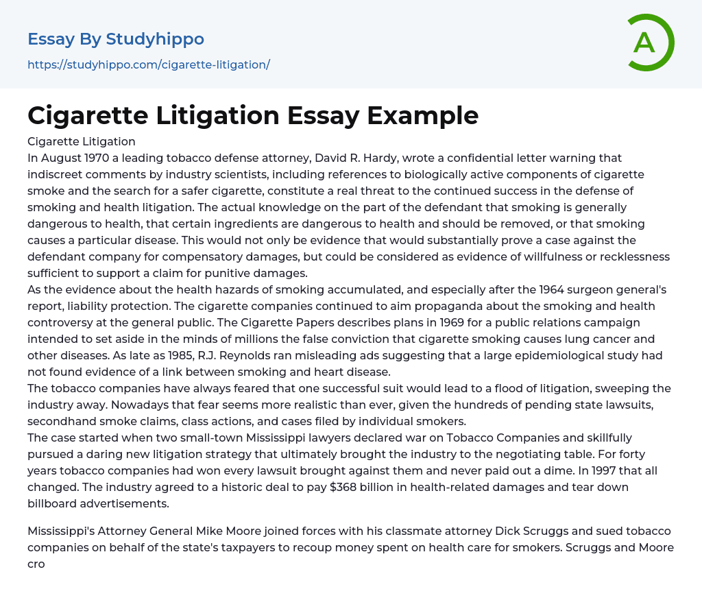 Cigarette Litigation Essay Example