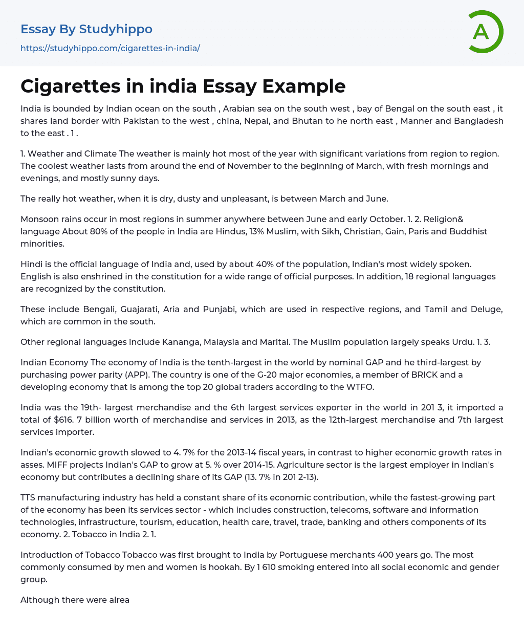 Cigarettes in india Essay Example