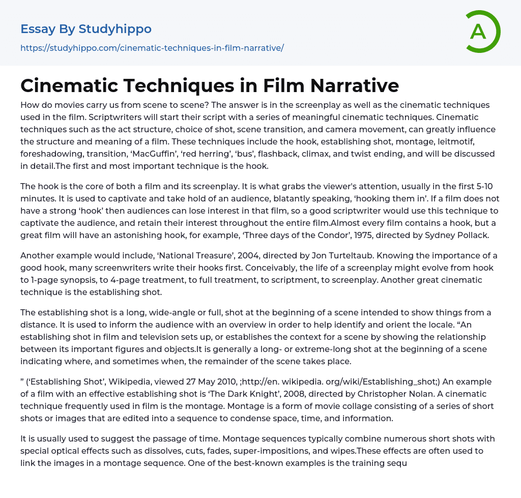 Cinematic Techniques in Film Narrative Essay Example