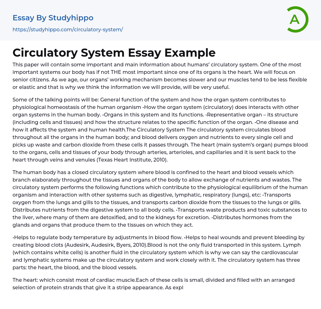 Circulatory System Essay Example
