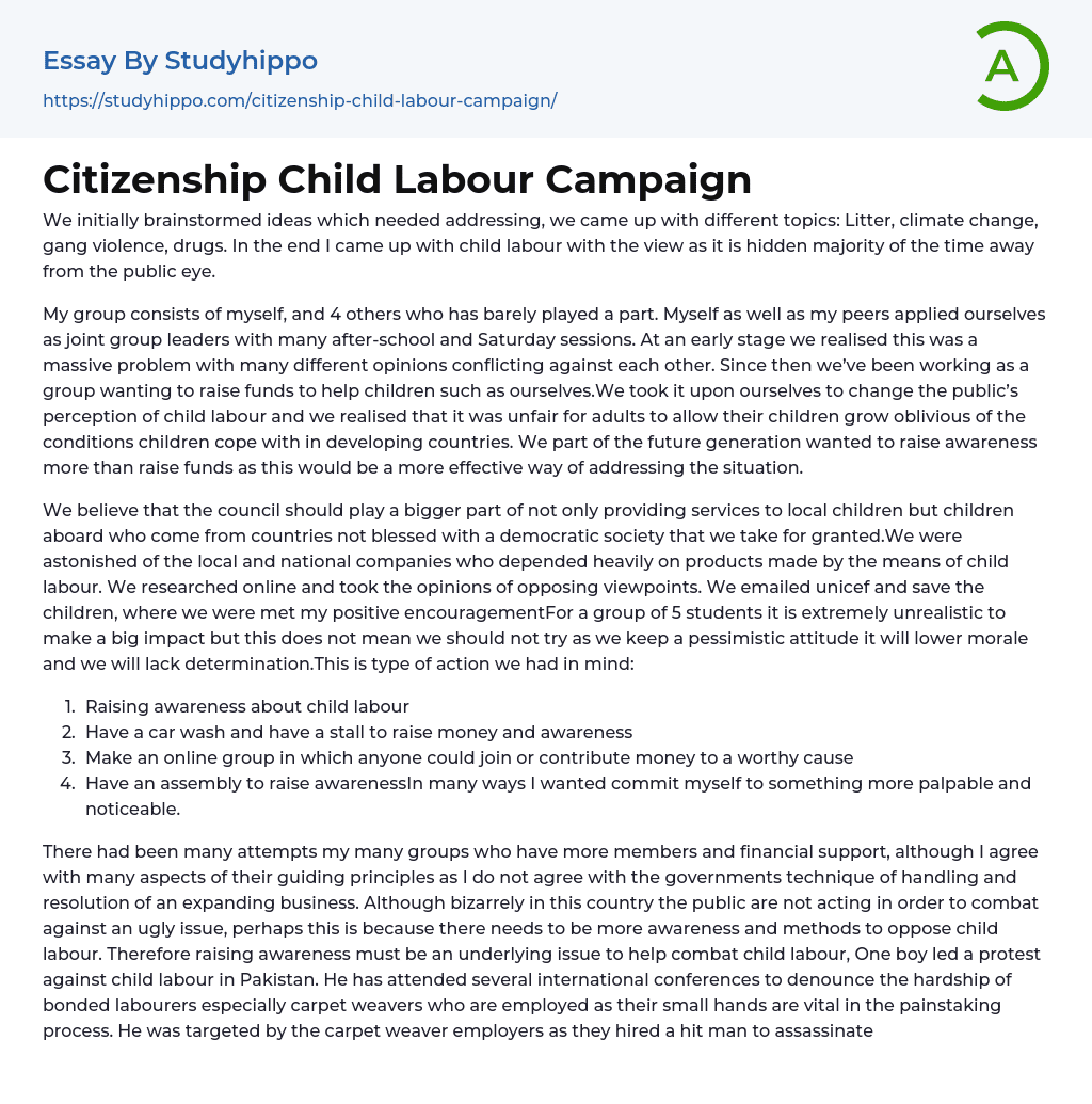 Citizenship Child Labour Campaign Essay Example