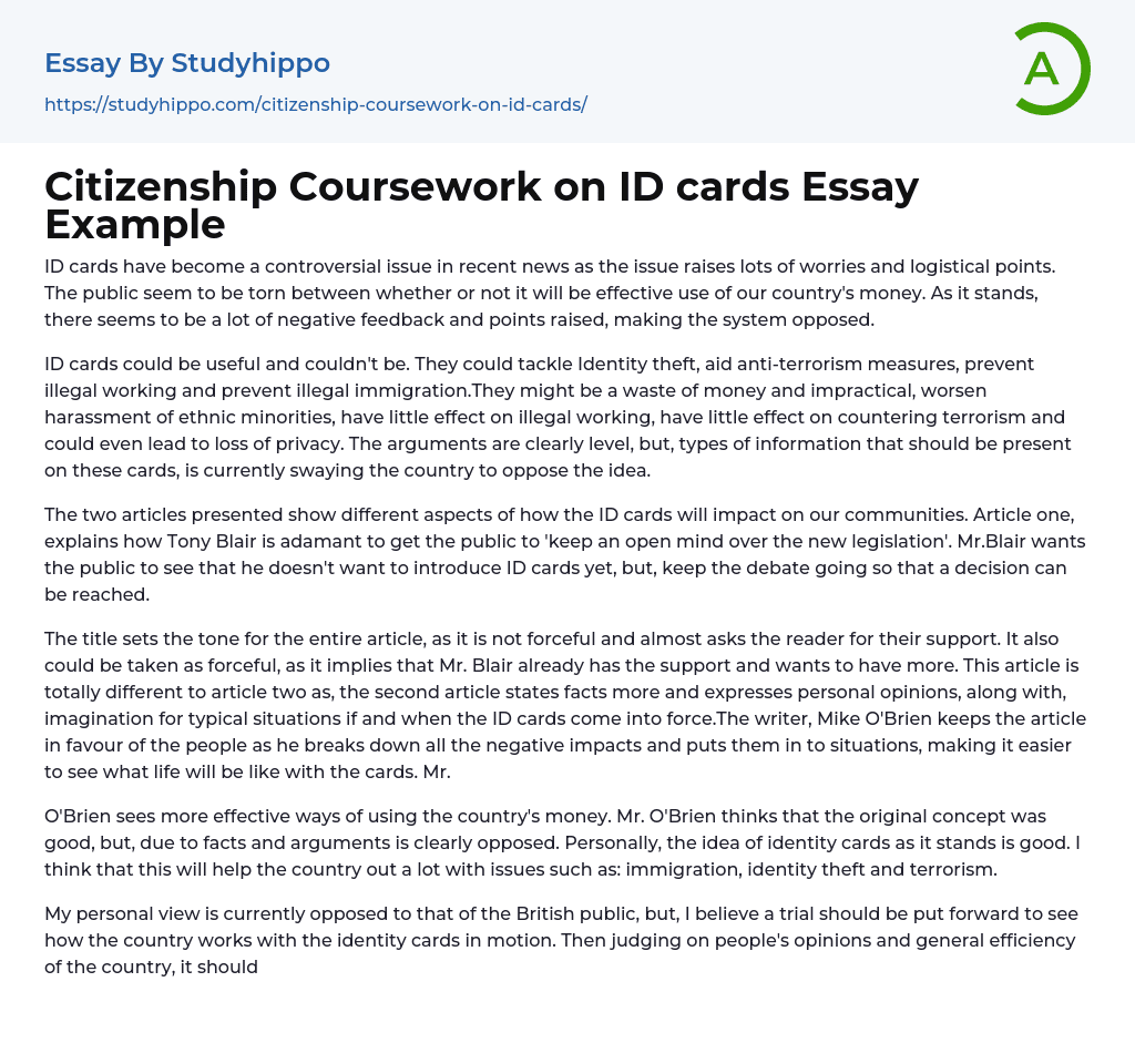 Citizenship Coursework on ID cards Essay Example