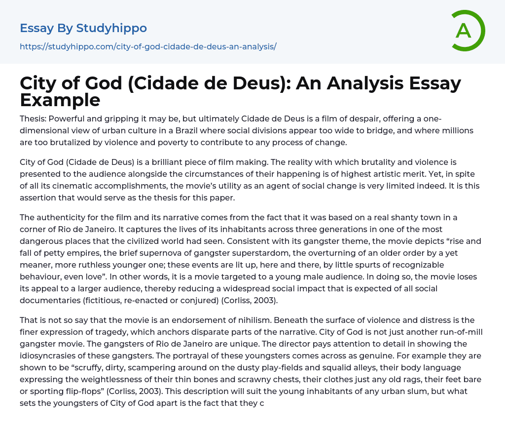 City of God (Cidade de Deus): An Analysis Essay Example