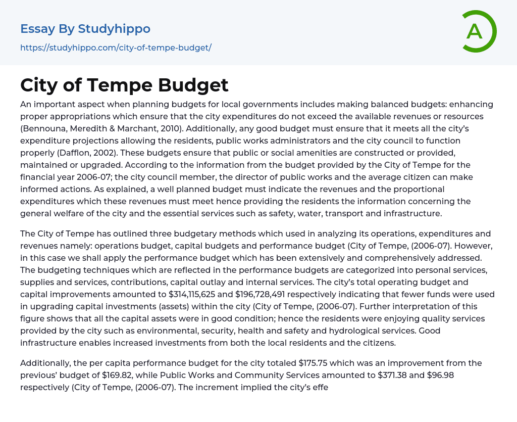 City of Tempe Budget Essay Example