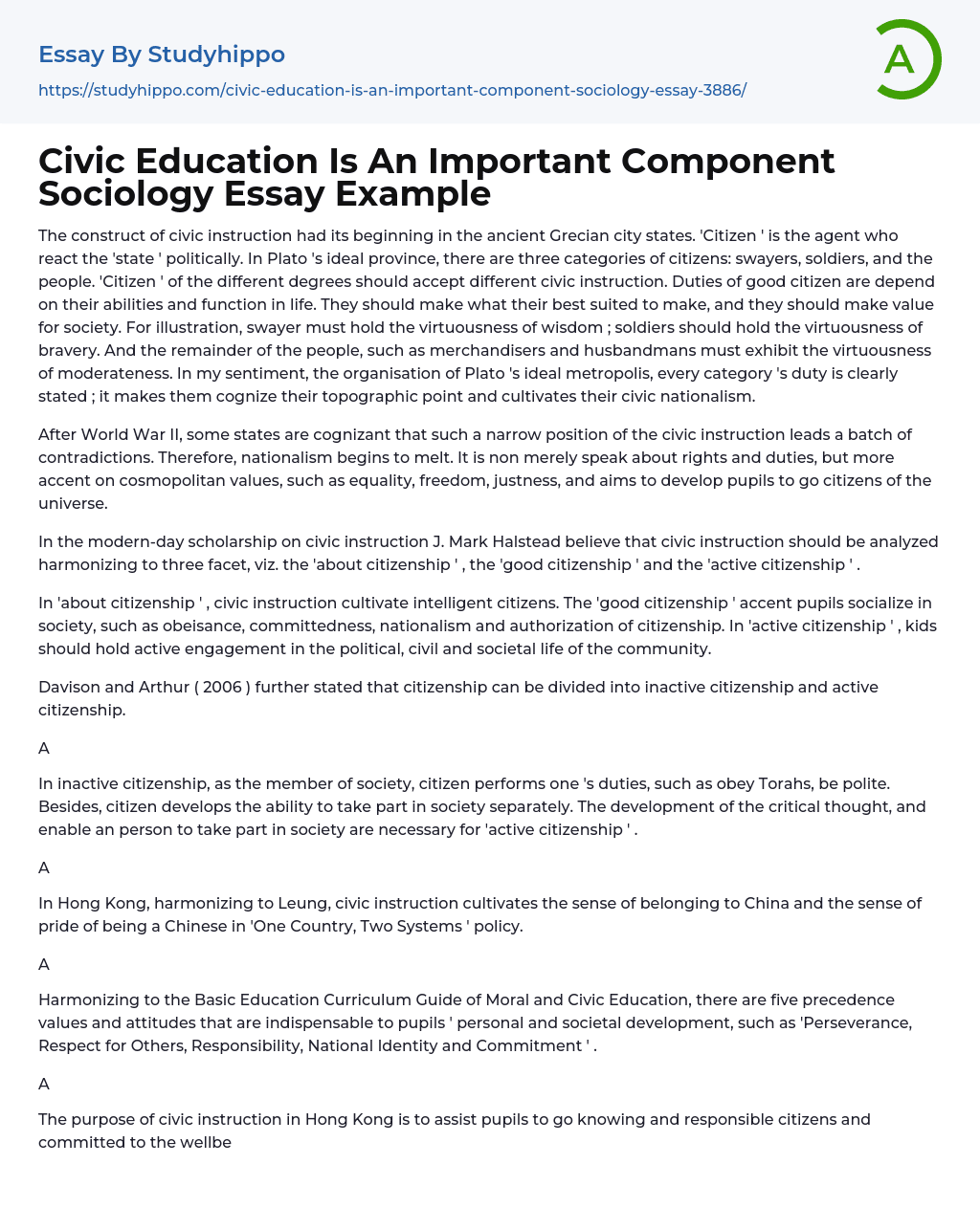 Civic Education Is An Important Component Sociology Essay Example