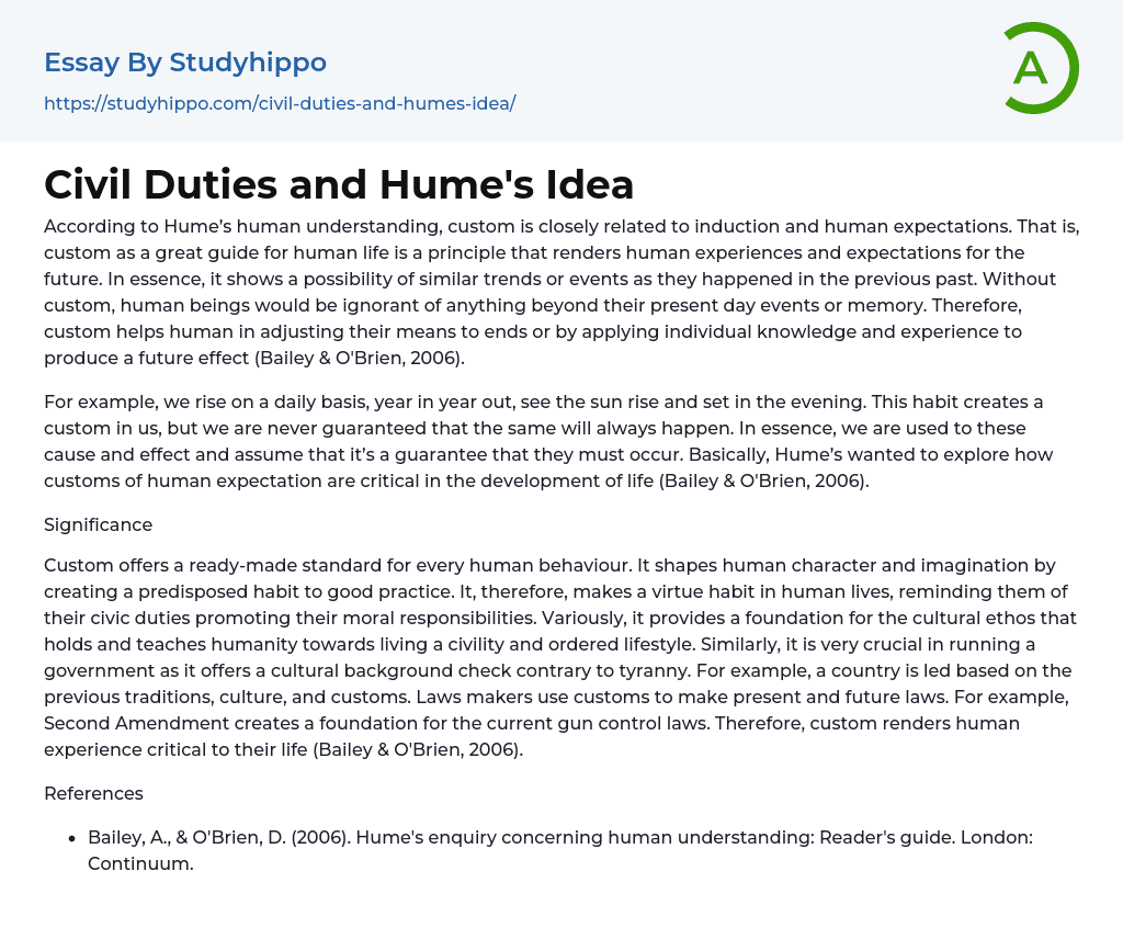 Civil Duties and Hume’s Idea Essay Example
