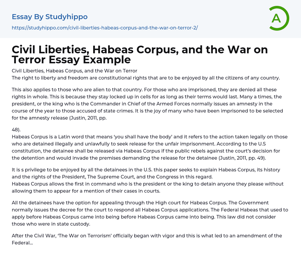 Civil Liberties, Habeas Corpus, and the War on Terror Essay Example