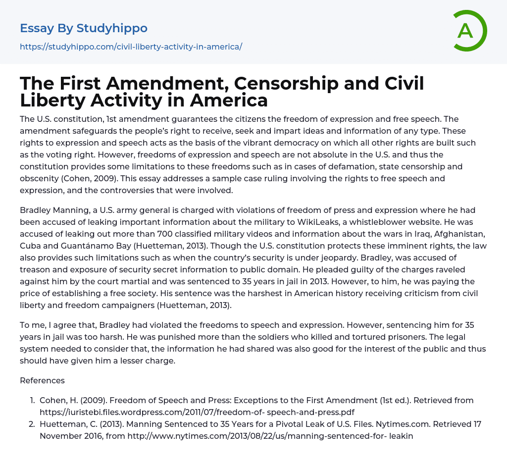 The First Amendment, Censorship and Civil Liberty Activity in America Essay Example