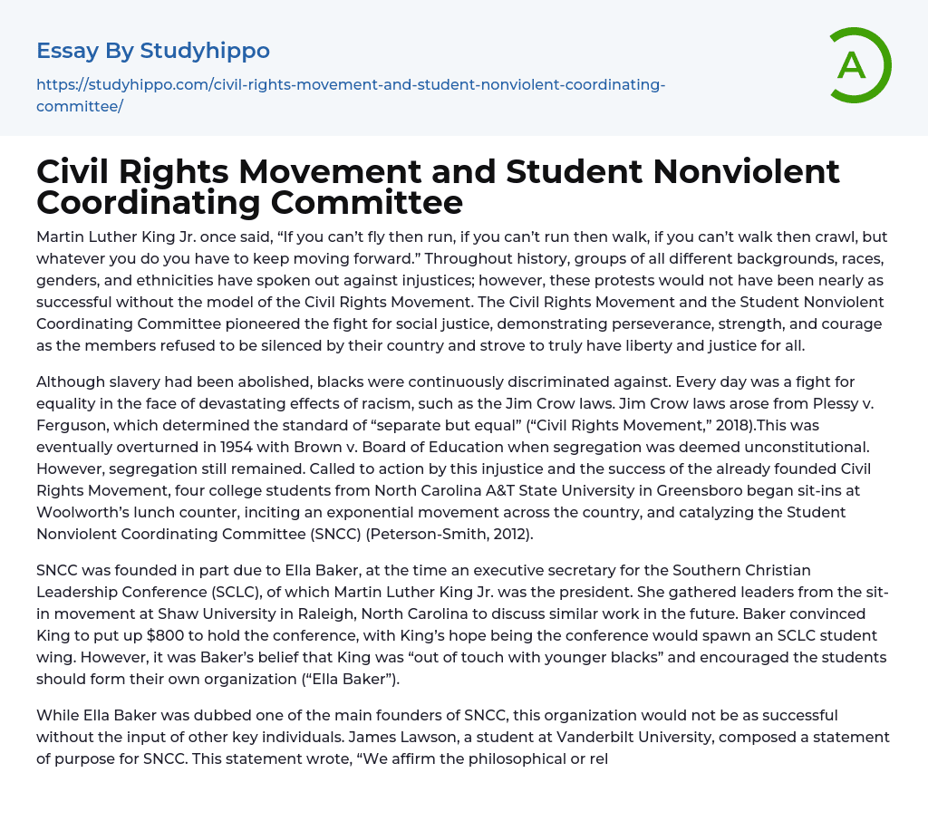 Civil Rights Movement and Student Nonviolent Coordinating Committee Essay Example