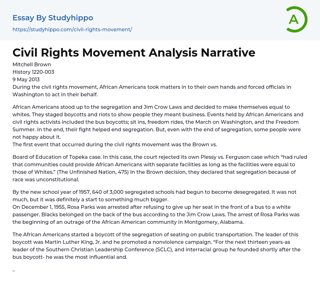 Rights Movement Narrative: Martin Luther King, Jr. Essay Example