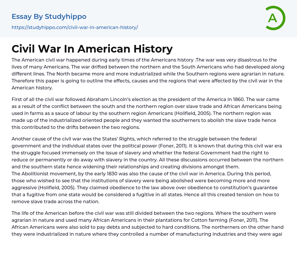 Civil War In American History Essay Example