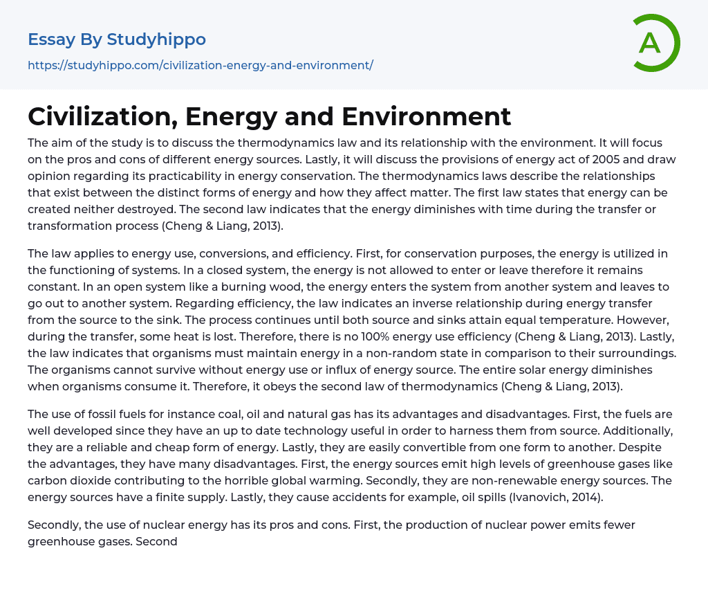 Civilization, Energy and Environment Essay Example