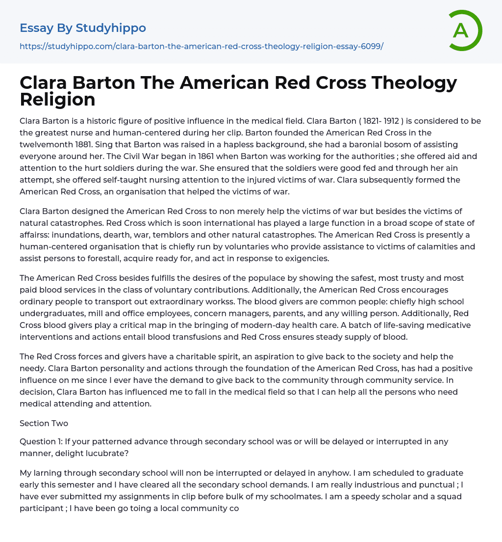 Clara Barton The American Red Cross Theology Religion Essay Example