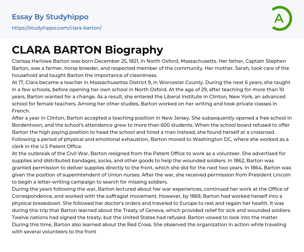 CLARA BARTON Biography Essay Example