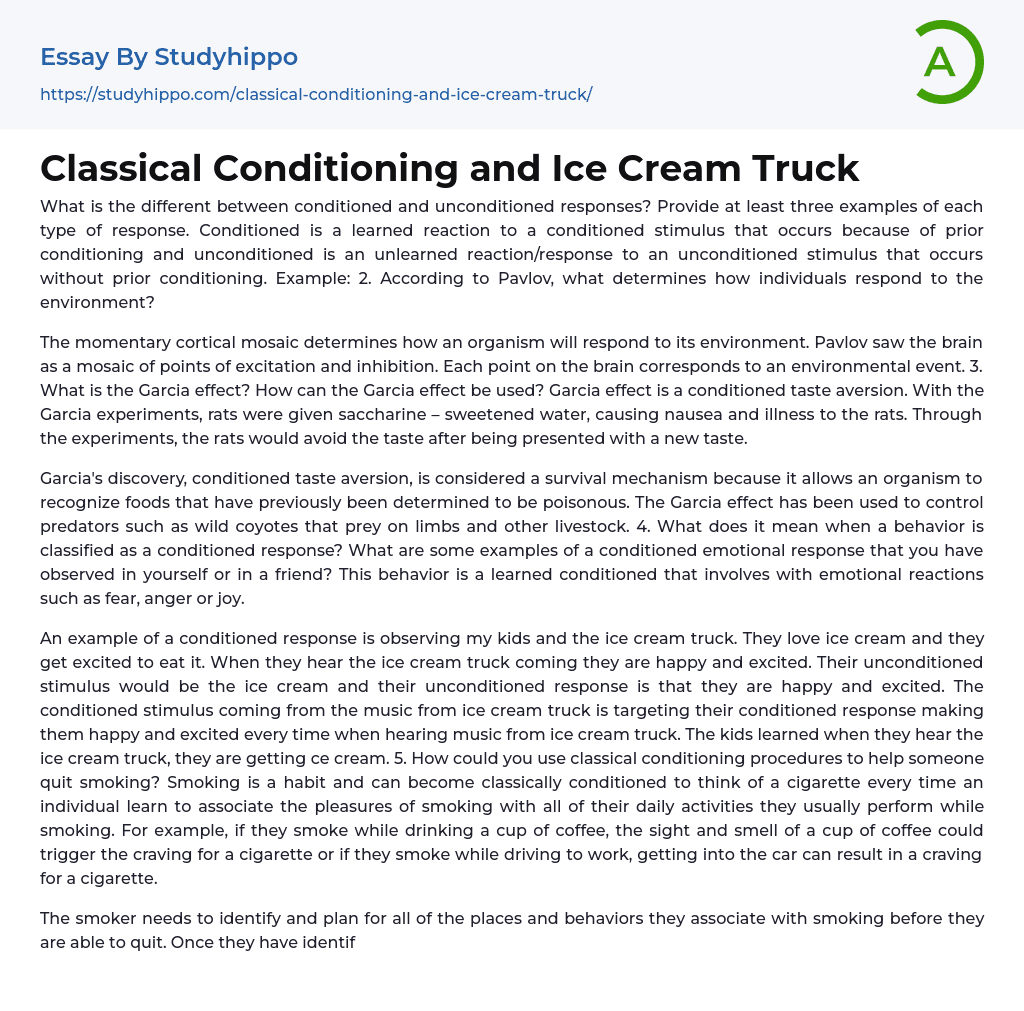 Classical Conditioning and Ice Cream Truck Essay Example