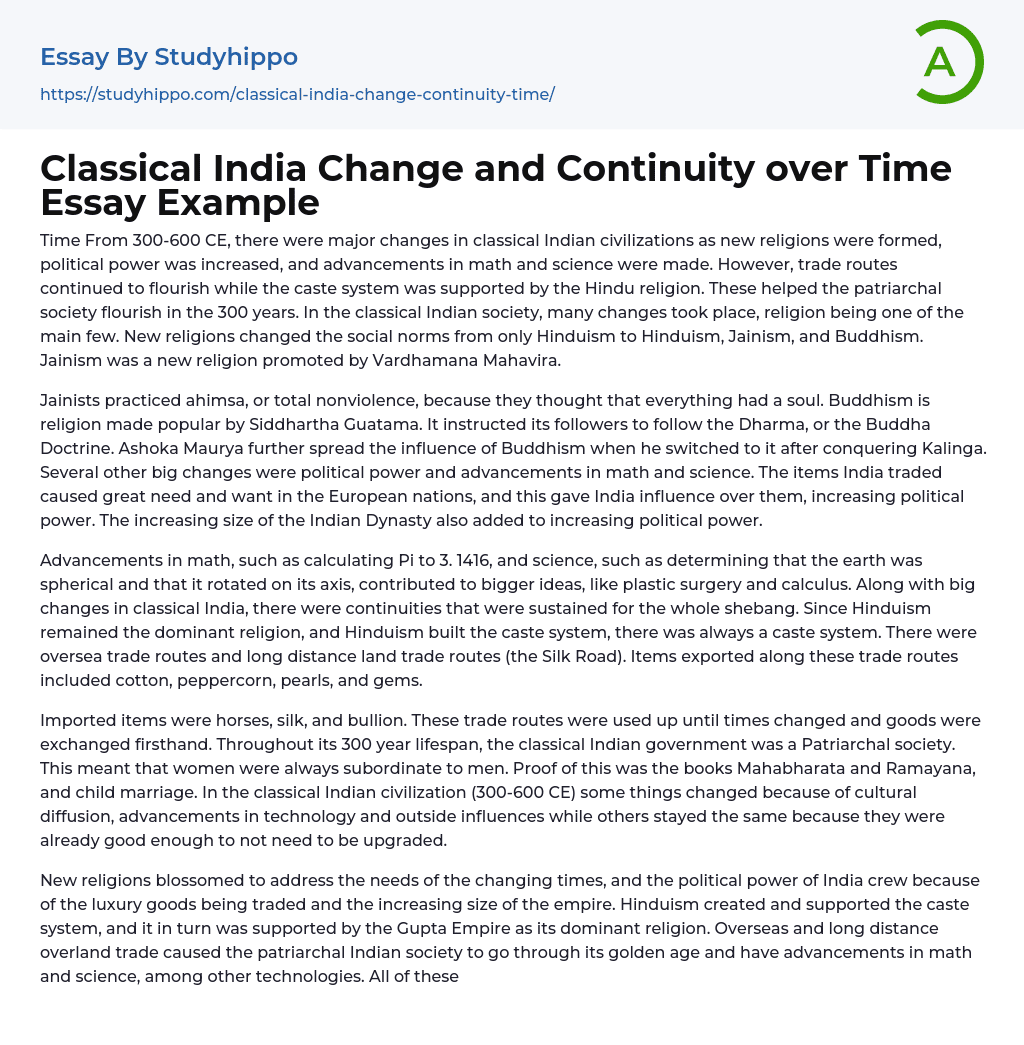 Classical India Change and Continuity over Time Essay Example