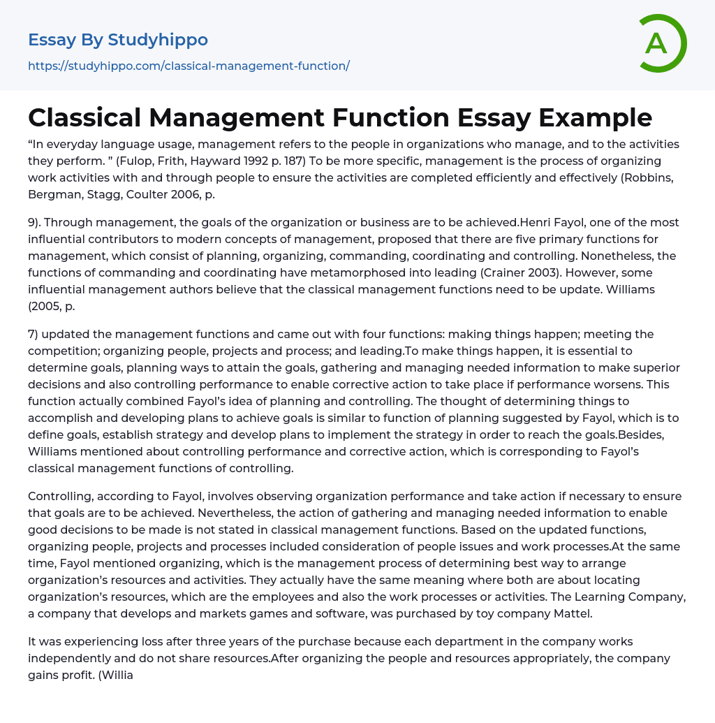 Classical Management Function Essay Example
