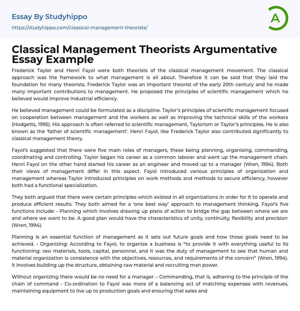 Classical Management Theorists Argumentative Essay Example