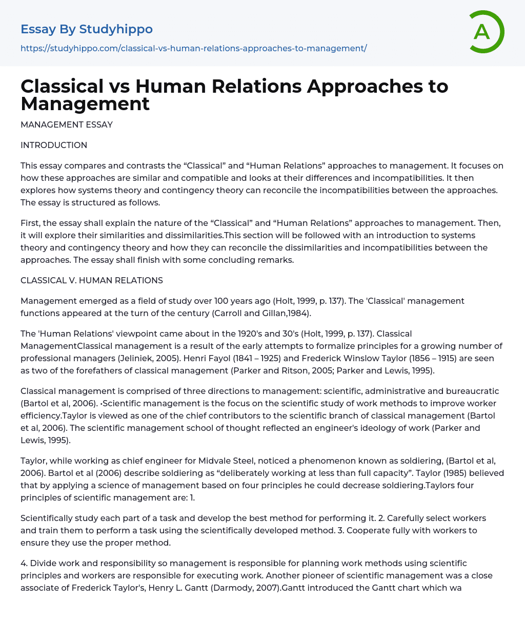 Classical vs Human Relations Approaches to Management Essay Example