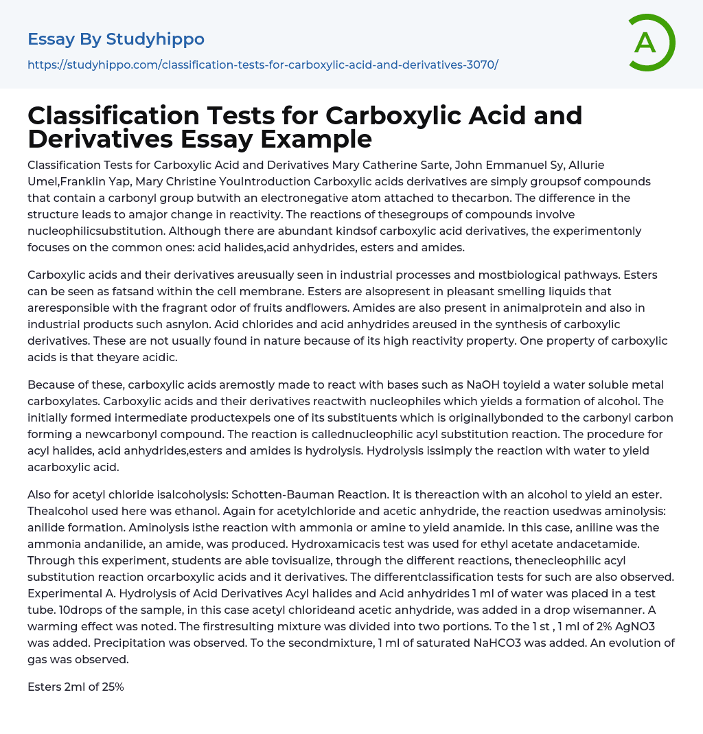 Classification Tests for Carboxylic Acid and Derivatives Essay Example