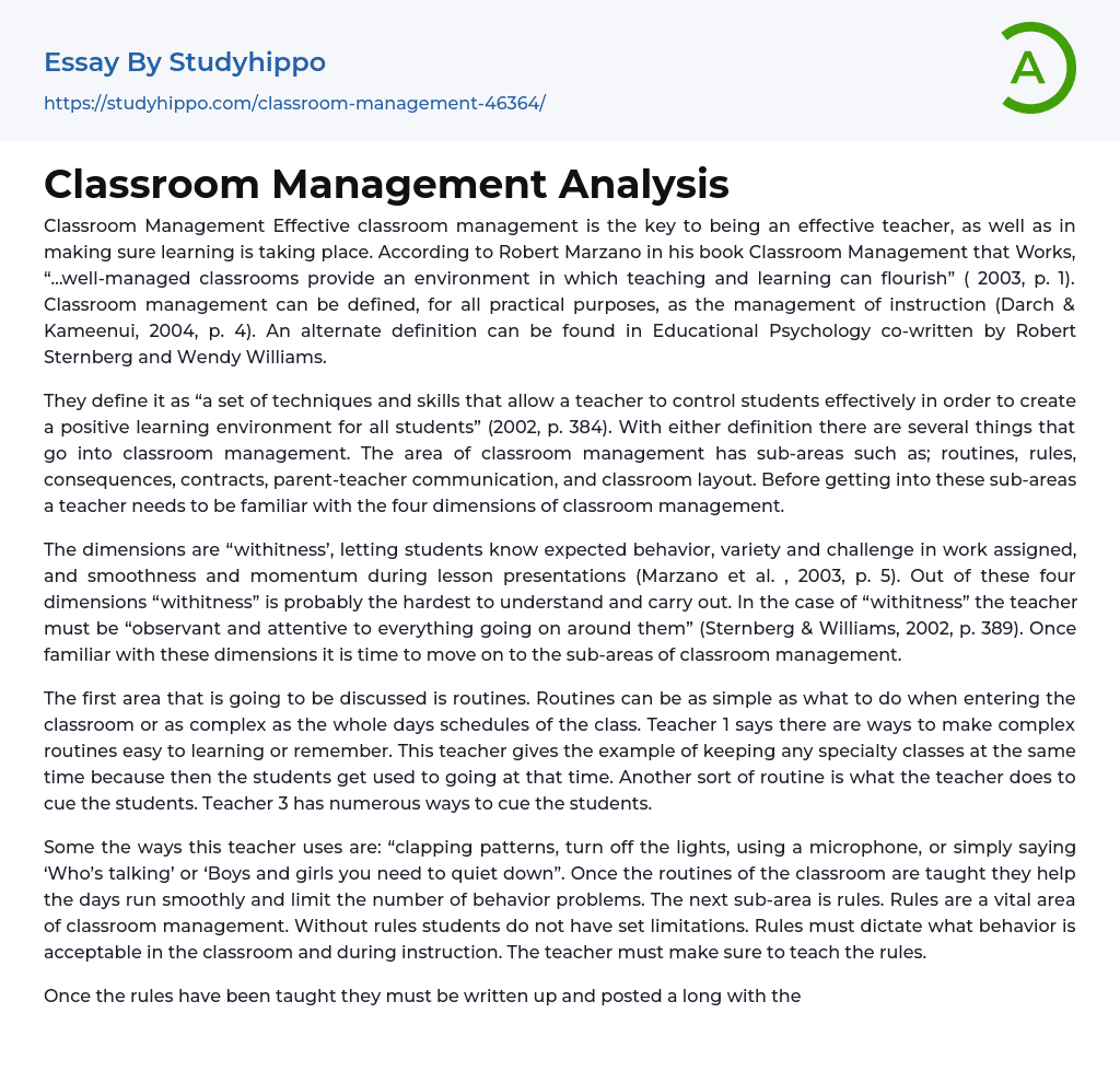 Classroom Management Analysis Essay Example