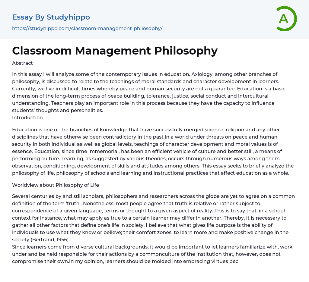 sample essay about classroom management
